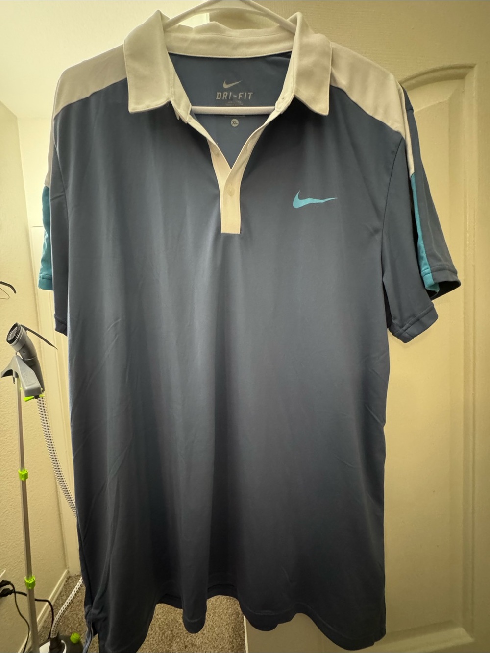 Nike Men’s Dri-FIT Slate Blue Polo with White Trim and Teal Swoosh